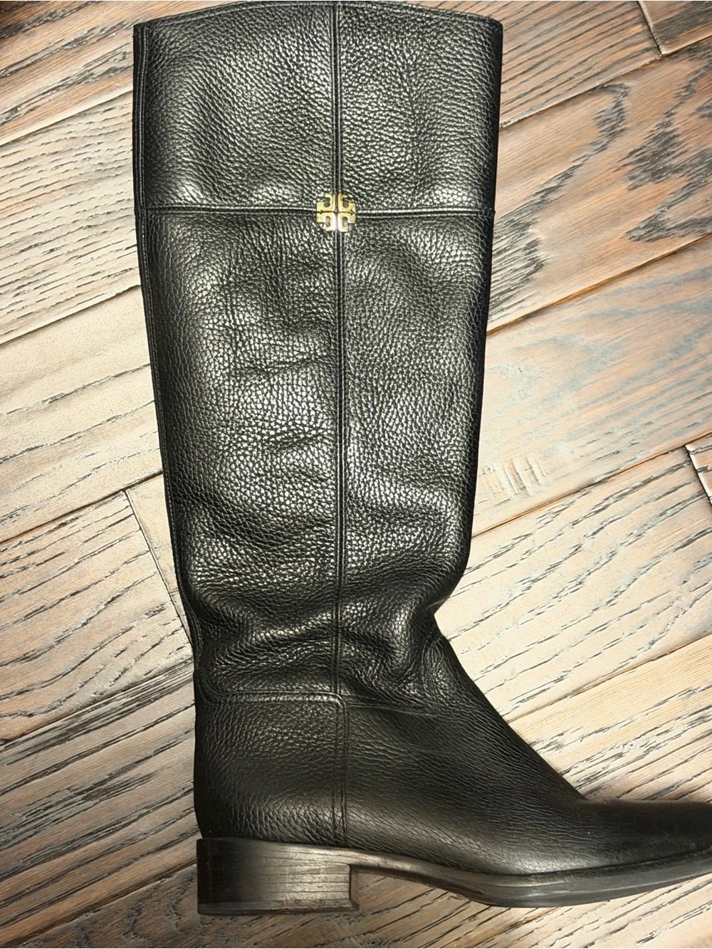 Tory Burch Black Pebbled Leather Over-the-Knee Boot with Gold Logo Accent
